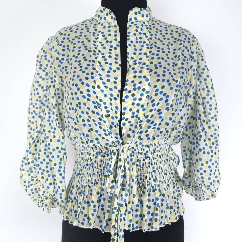 Gracia Silk Cotton Blend Gathered Waist Polkadot Light weight Blouse Small